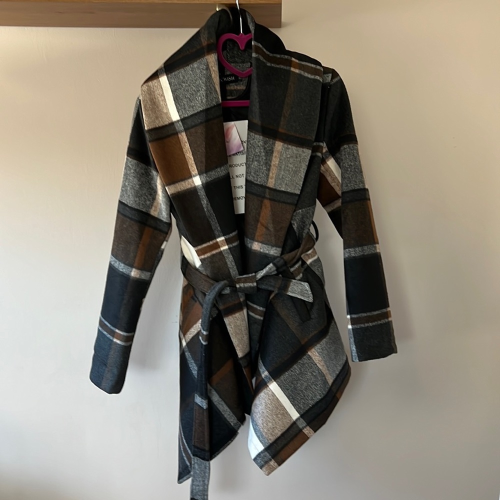 Chicwish Women’s Turn Down Shawl Coat-plaid NEW